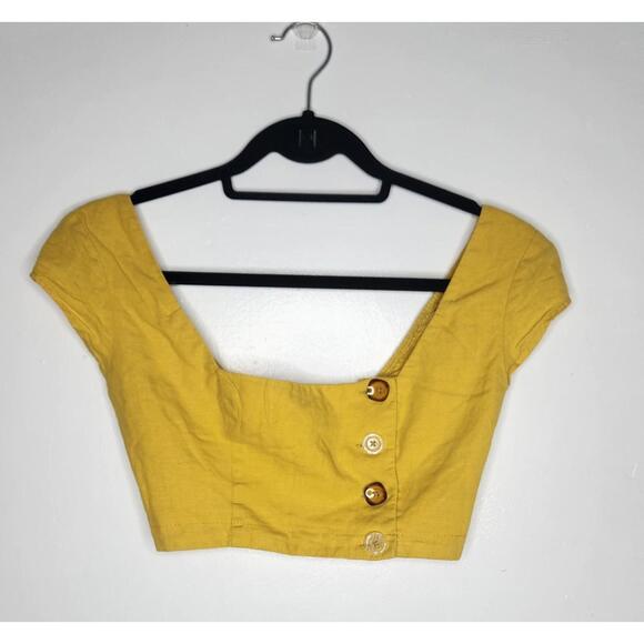 Urban Outfitters Tops - Urban Outfitters Crop Top Small Yellow Linen Blend Square Neck Buttons Academia